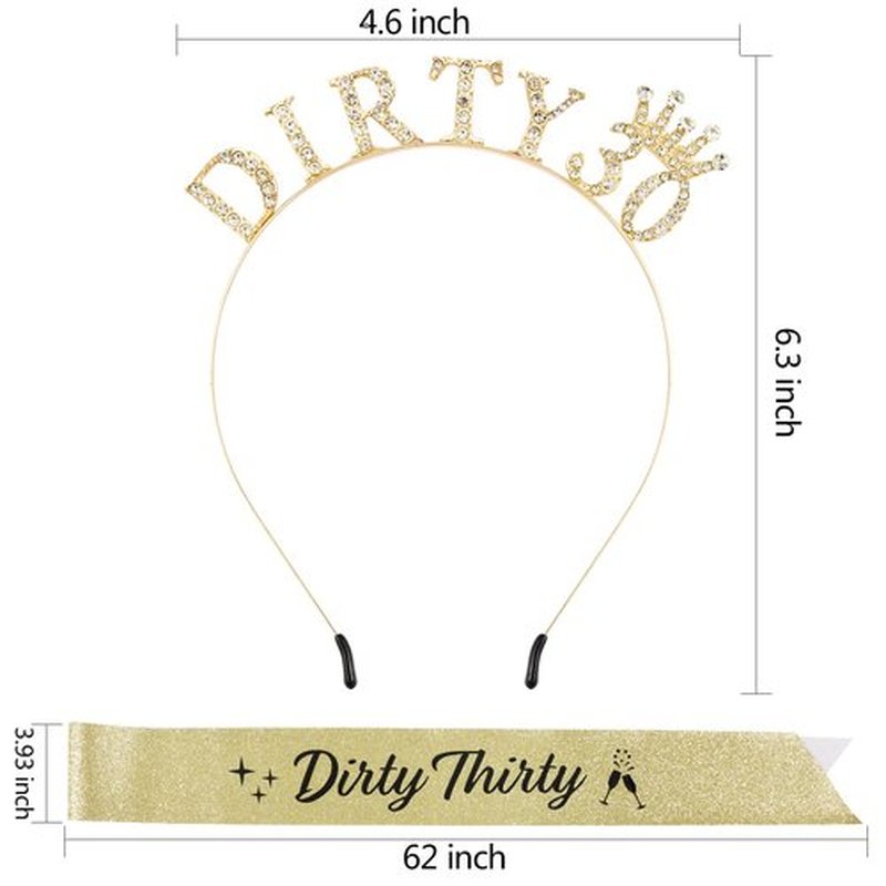 Atoden 30th Birthday Decorations for Her 30th Birthday Sash and Crown Dirty 30 Tiara Headband Dirty Thirty Queen Crown Gifts for 30 Year Old Women Gold