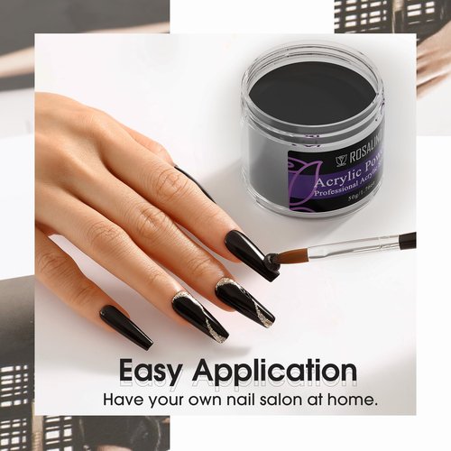 Rosalind Black Acrylic Nail Powder 50g/1.76oz - Crystal Polymer Black Nail Powder for Acrylic Extension, No Lamp Needed