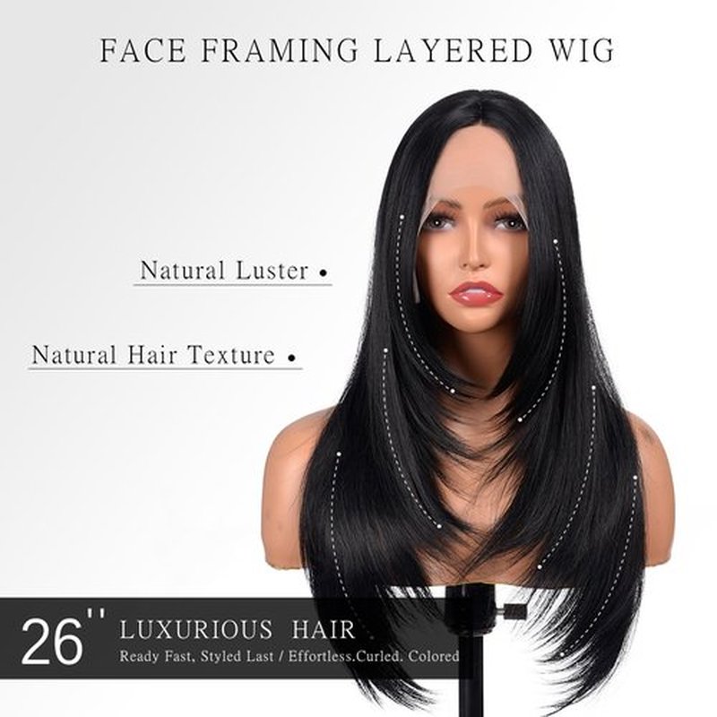 Black Wigs for Women 26 Inches Long Straight Layered Wig Middle Part Black Layered Wigs Natural Looking Heat Resistant Synthetic Wig for Daily Party Cosplay Use (#1B Natural Black, 26 Inch)