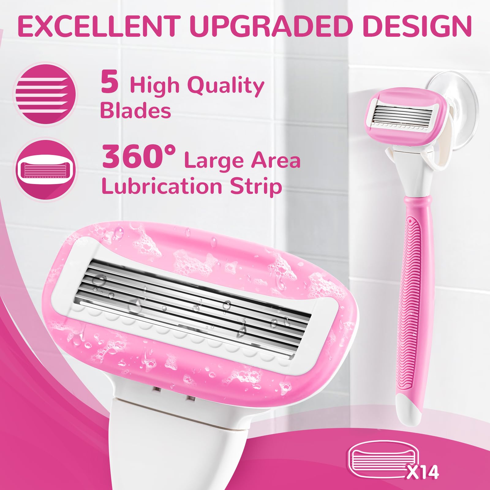 Razors for Women Include 2 Non-Slip Handles and 14 Blade Refills with a Shower Holder, 5 Premium Blades Women's Razors for Shaving with 360° Lubrication Reduces Irritation, Pink