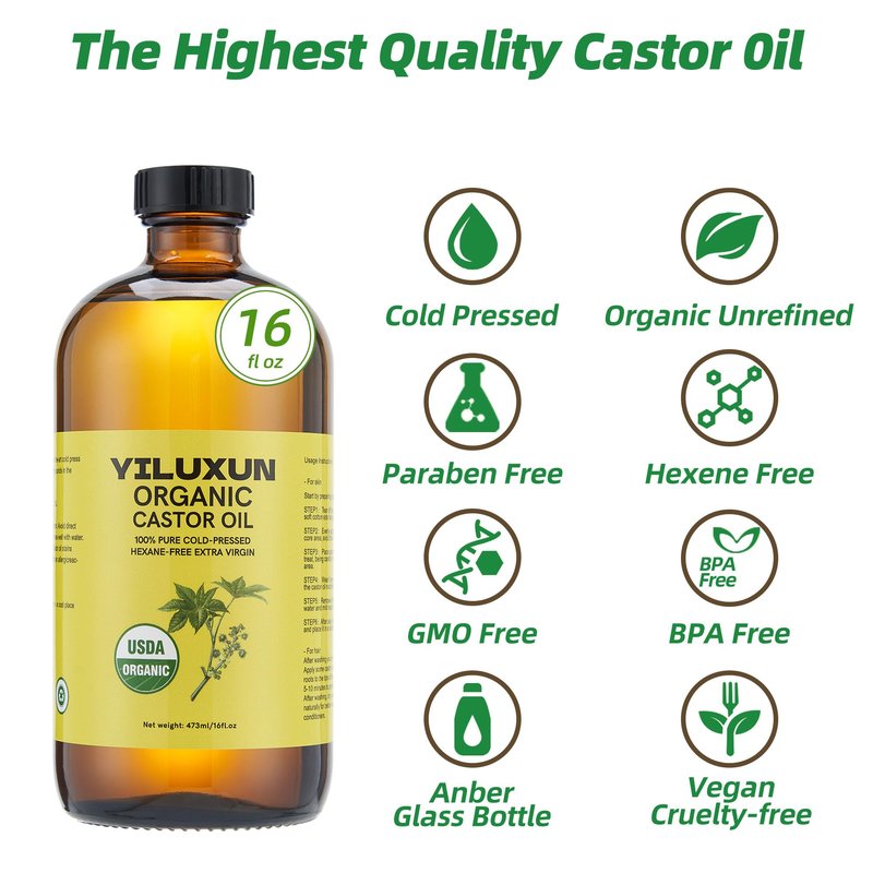 YILUXUN 50Pcs Castor Oil Pack Wrap with 16oz castor oil Organic Cold Pressed Unrefined Glass Bottle,Disposable Castor Oil Patches for Belly Button,Stomach,Knee,Feet,Entire Body