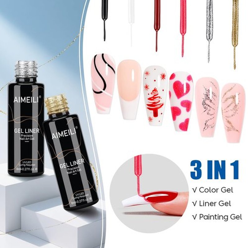 AIMEILI Gel Polish Nail Art Liner, Hema Free, Cruelty Free, Vegan, 6 Colors Black White Red Pink Gold Silver Design Paint for French Chrome Manicure DIY