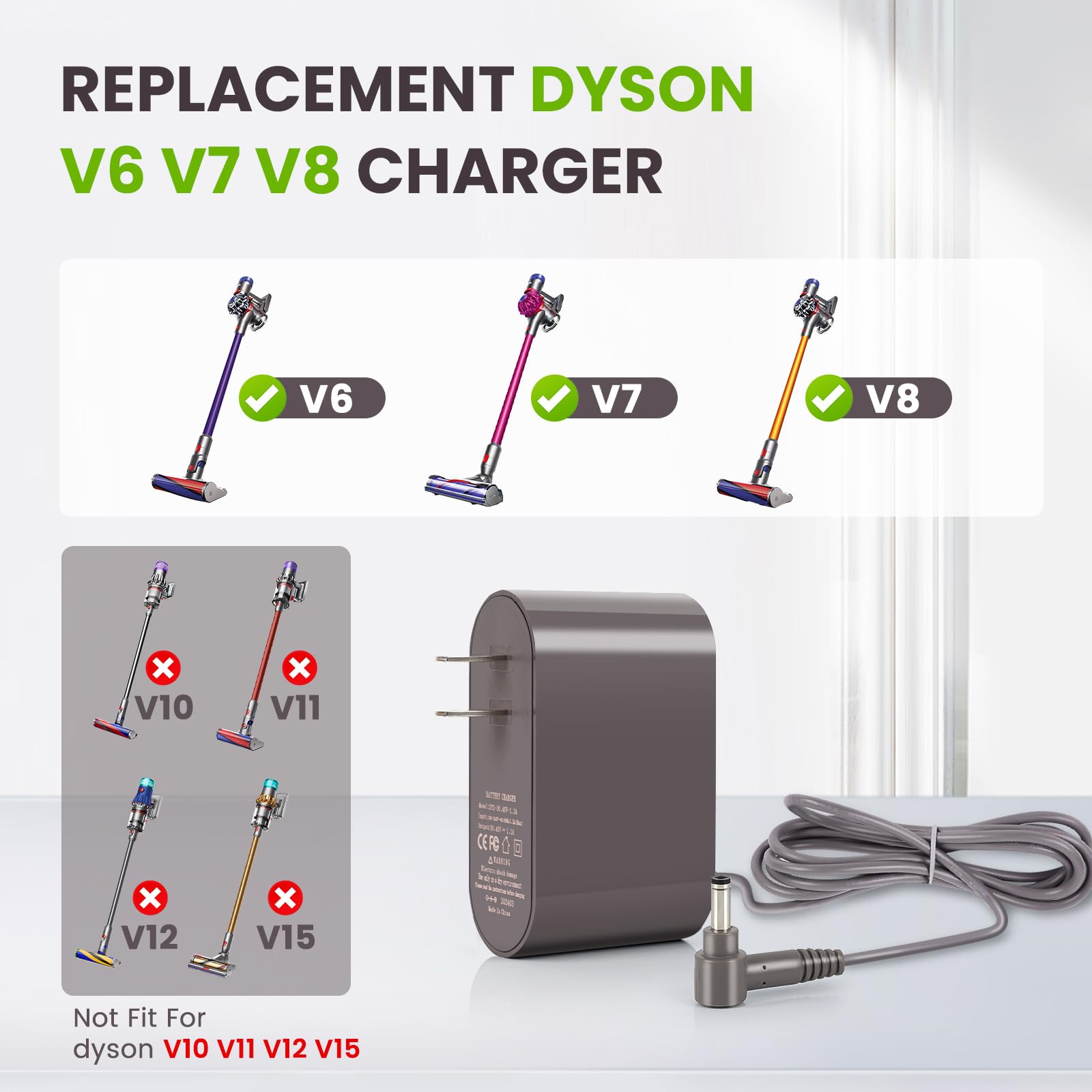 Replacement V6 Vacuum Charger Compatible with Dyson Cordless Vacuum Charger V6 V7 V8 Dc58 Dc59 Dc61 Dc62 Sv03 Sv04 Vacuum Cleaner Absolute Animal Motorhead Vacuum Cleaner,25.1V Vacuum Battery Charger