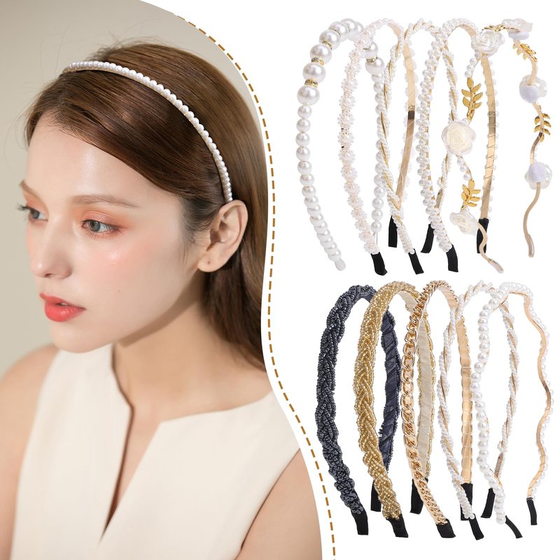 Zifengcer Pearl and Metal Headbands - Beaded No Slip Hair Accessories for Women and Girls, 10 Pack