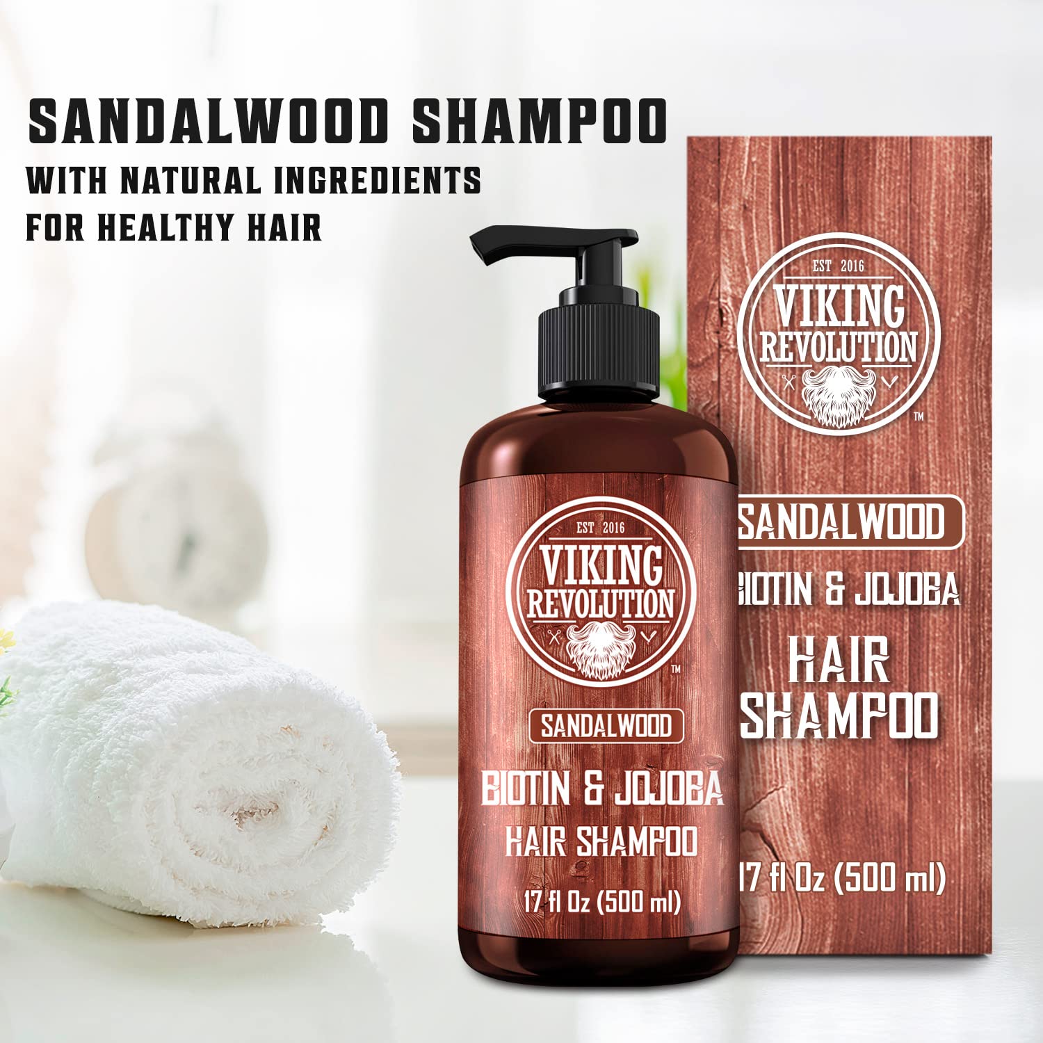 Viking Revolution Sandalwood Men's Shampoo with Biotin and Jojoba Oil - Natural Hair Shampoo for Men with Vitamin B5 and Hair Loss Thinning Hair Treatment (17 Oz)