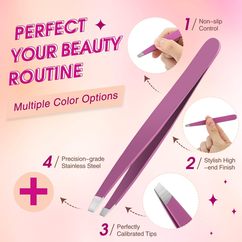 Mudder 12 Pcs Eyebrow Tweezers Set for Facial Hair Stainless Steel Slanted Tip Tweezers in Bulk for Men and Women(Purple)