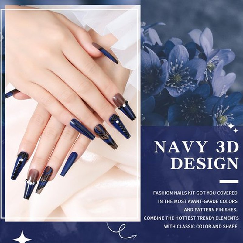 Luxury Navy Coffin Nails Glossy 3D Rhinestones Extra Long Tips Elegant Ethnic Glue on Fake Nails Gothic Nail Salon Art DIY