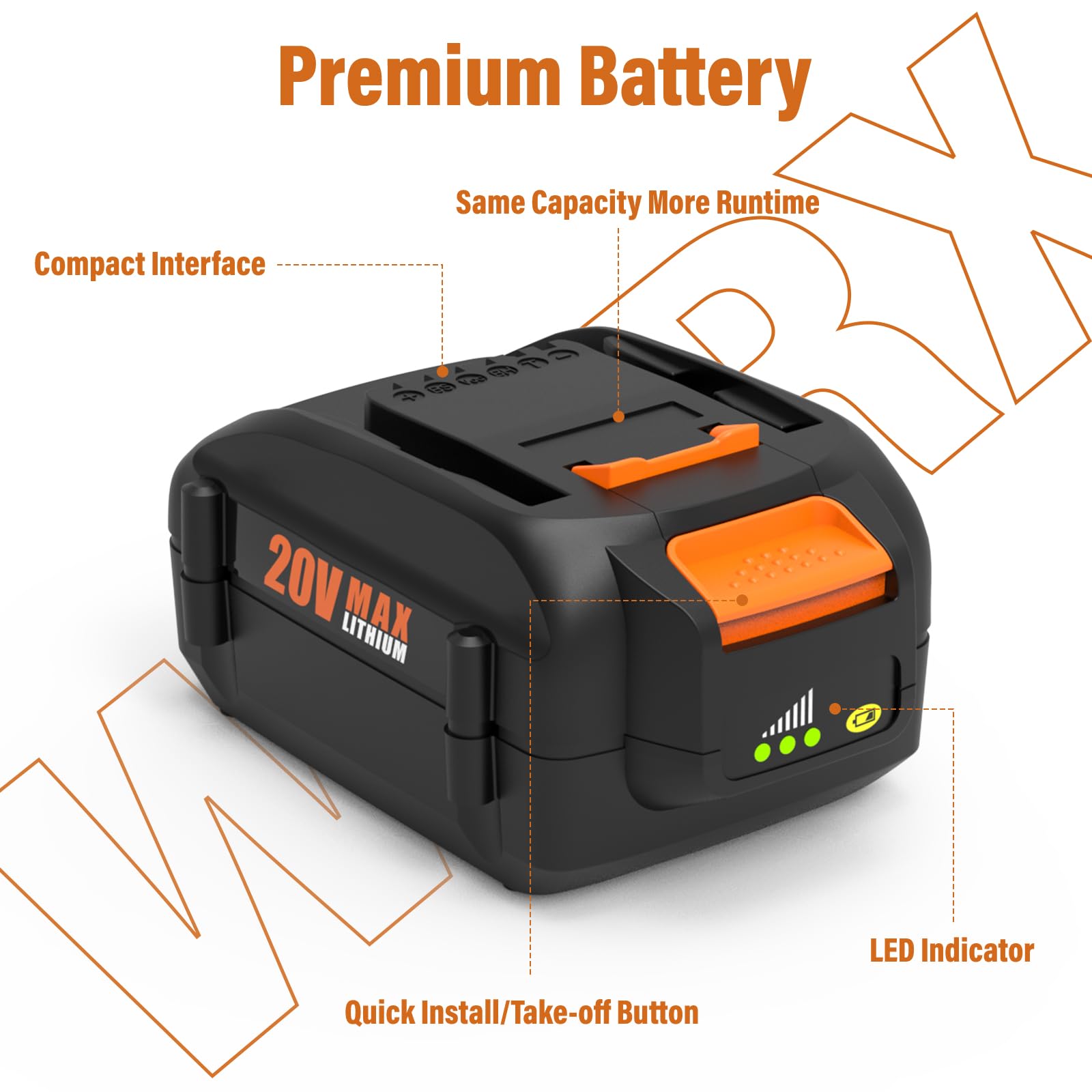 Bakipante 2-Pack 6.5Ah Battery Replacement for Worx 20V Battery Power ShareWA3575 WA3525 WA3578 WA3520 WA3742 WA3669 WG155s WG251s WG890 WG890 WG891 Compatible with Worx 20 Volt Max Cordless Tools