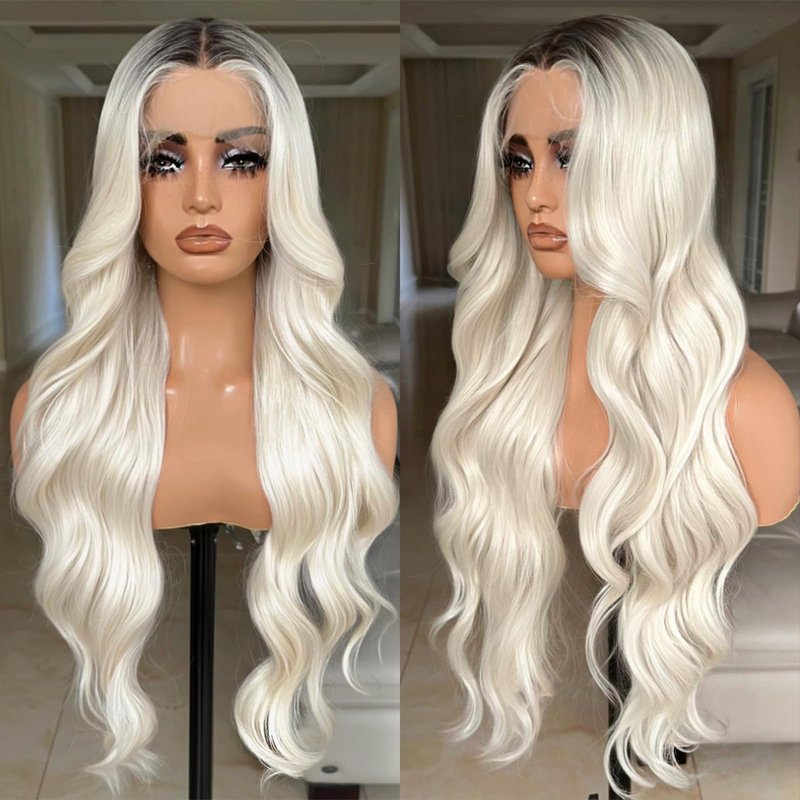 X-TRESS 30 Inch Blonde Lace Front Wigs with Body Wave, Pre Plucked, Synthetic Lace Frontal Wig with Dark Roots, 13x4x1 Density