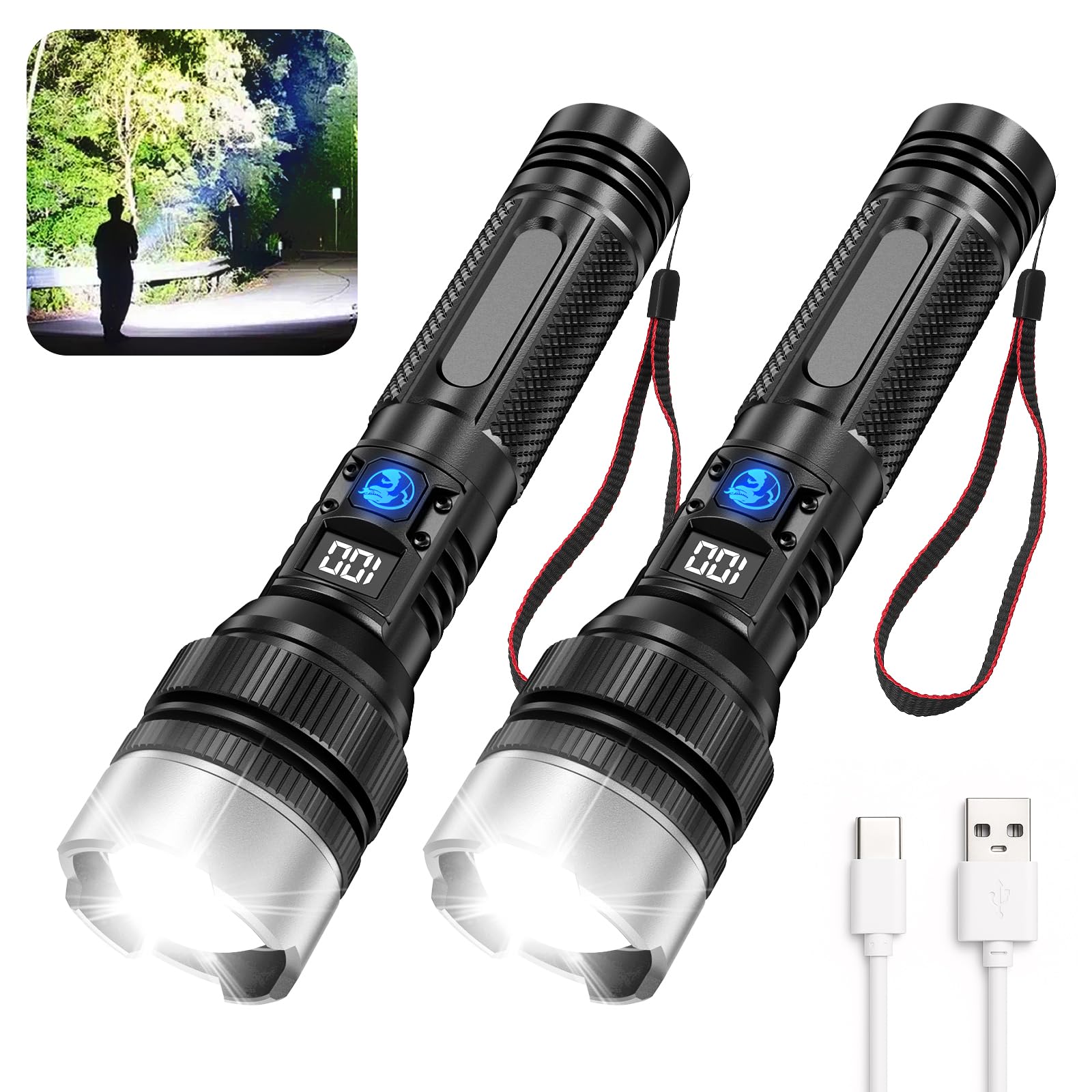 JMNGSHU Flashlight with 10000 Lumens, Type-C Fast Charging & 16-Hour Runtime, 3 Modes, Telescopic Zoom, Waterproof, Compact Handheld Flashlight for Camping, Hiking, Hurricane Prep (2-Pack)