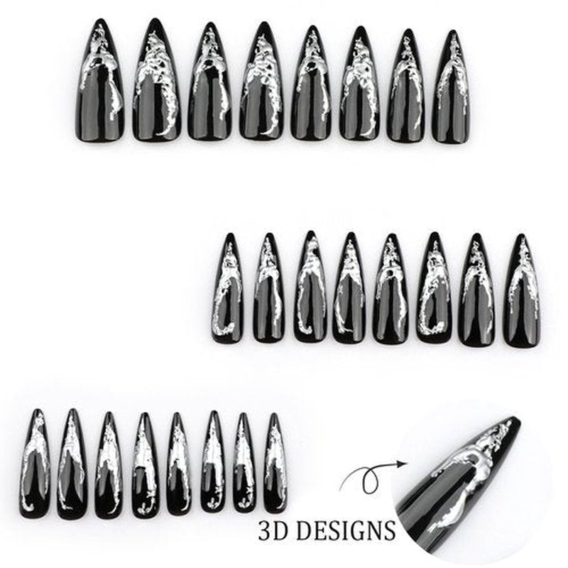 IMSOHOT Press on Nails – 3D Silver Edge, Long Stiletto Fake Nails Black Ombre Glossy Full Cover Reusable Acrylic Glue on Nails Y2K Goth Gel False Nails