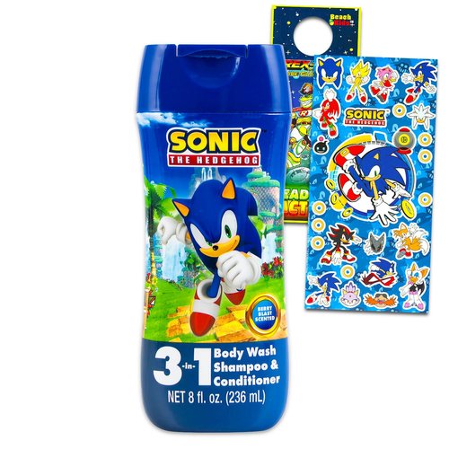 Sonic the Hedgehog Kids Shampoo, Conditioner, Body Wash 8 Oz Bottle - Bundle with 3-in-1 Berry Scented Body Wash, Shampoo & Conditioner Plus Stickers, More | Sonic Bathroom Set