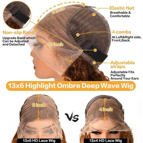 Tuviso 26 Inch Highlight Ombre Lace Front Wigs Human Hair 200% Density 4/27 Colored Pre Plucked Deep Wave 13x6 HD Lace Frontal Wigs Glueless Wig with Baby Hair Honey Blonde Deep Curly Wig for Women