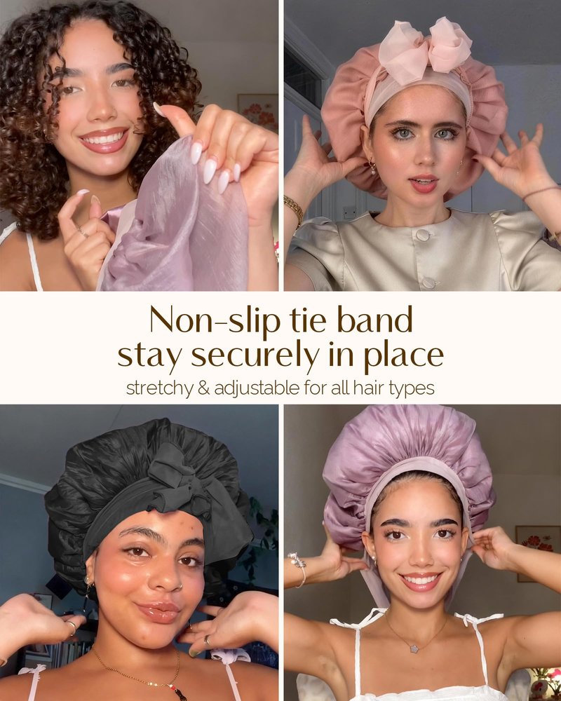 YANIBEST Breathable Soft Silk Bonnet for Sleeping, Breeze Satin Bonnet with Tie Band Hair Wrap Less Frizz Natural Curly Hair, Pink