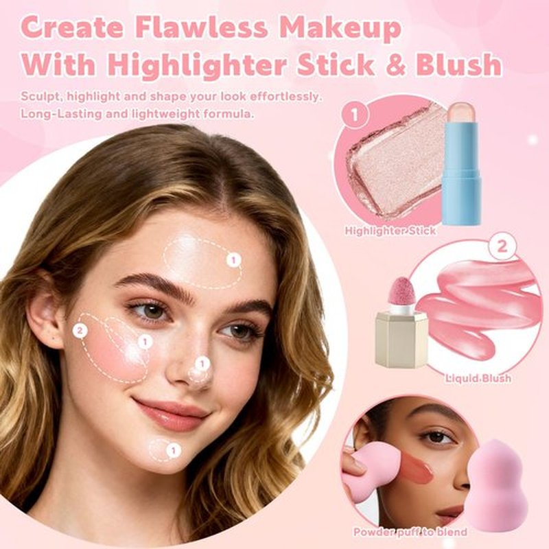 Color Nymph Makeup Set for Teen Girls Women with 2-in-1 Travel Bag, All In One Makeup Case Full Kit Includes Eyeshadow Lipgloss Eyebrow Powder Highlighter Blush Mascara Eyeliner Lipliner & Puff - Pink