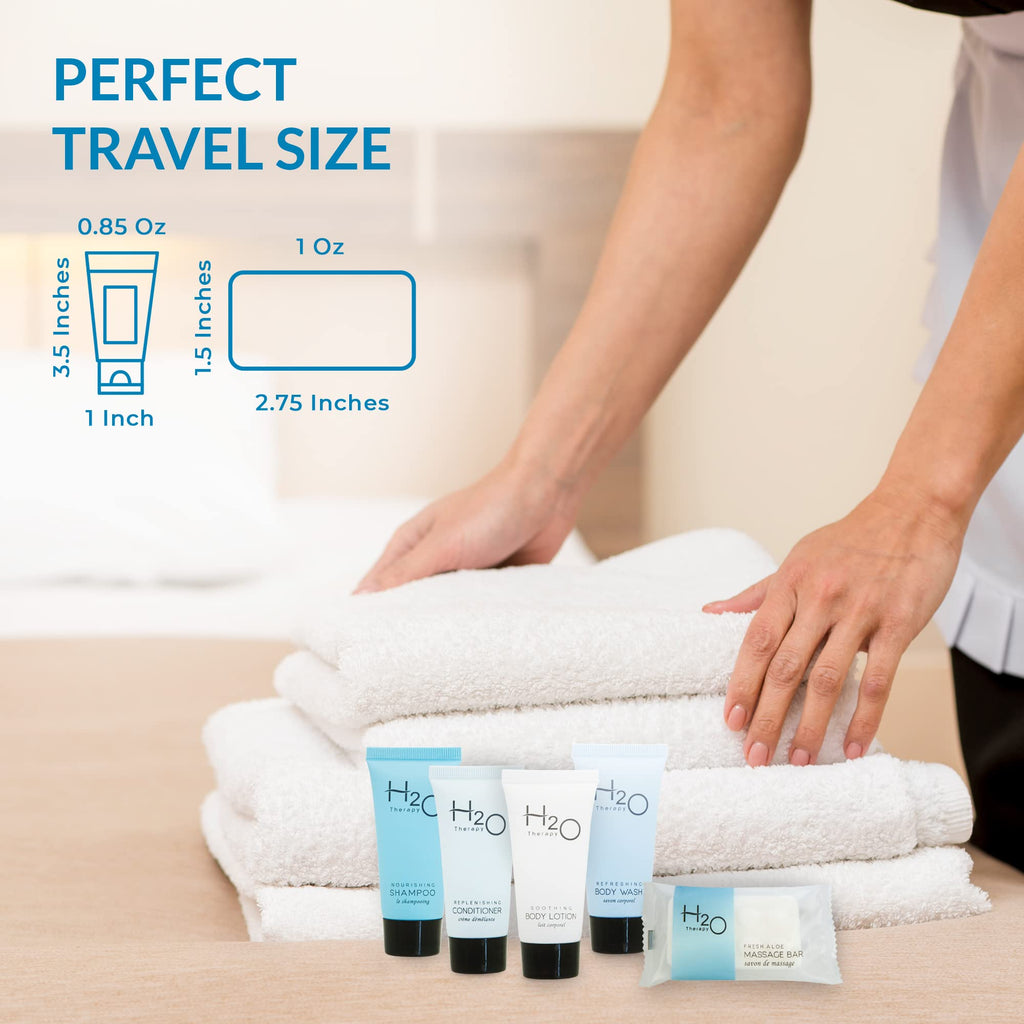 H2O Therapy Amenity & Accessory Kit | 0.85 oz Travel Size Shampoo, Conditioner, Lotion, Body Wash, Massage Bar, Cleansing Bar, Shave & Dental Sets, Make-Up Remover Wipes, & Vanity Kit | 15 sets/case