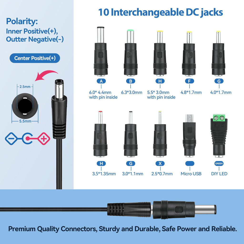 8.4V 1A Power Adapter Li-ion Battery Charger with LED Indicator 2.1x5.5mm Interface Suitable for 7.2V 7.4V 8.4V 2-String Lithium Battery Pack with 10 Interchangeable DC Plug