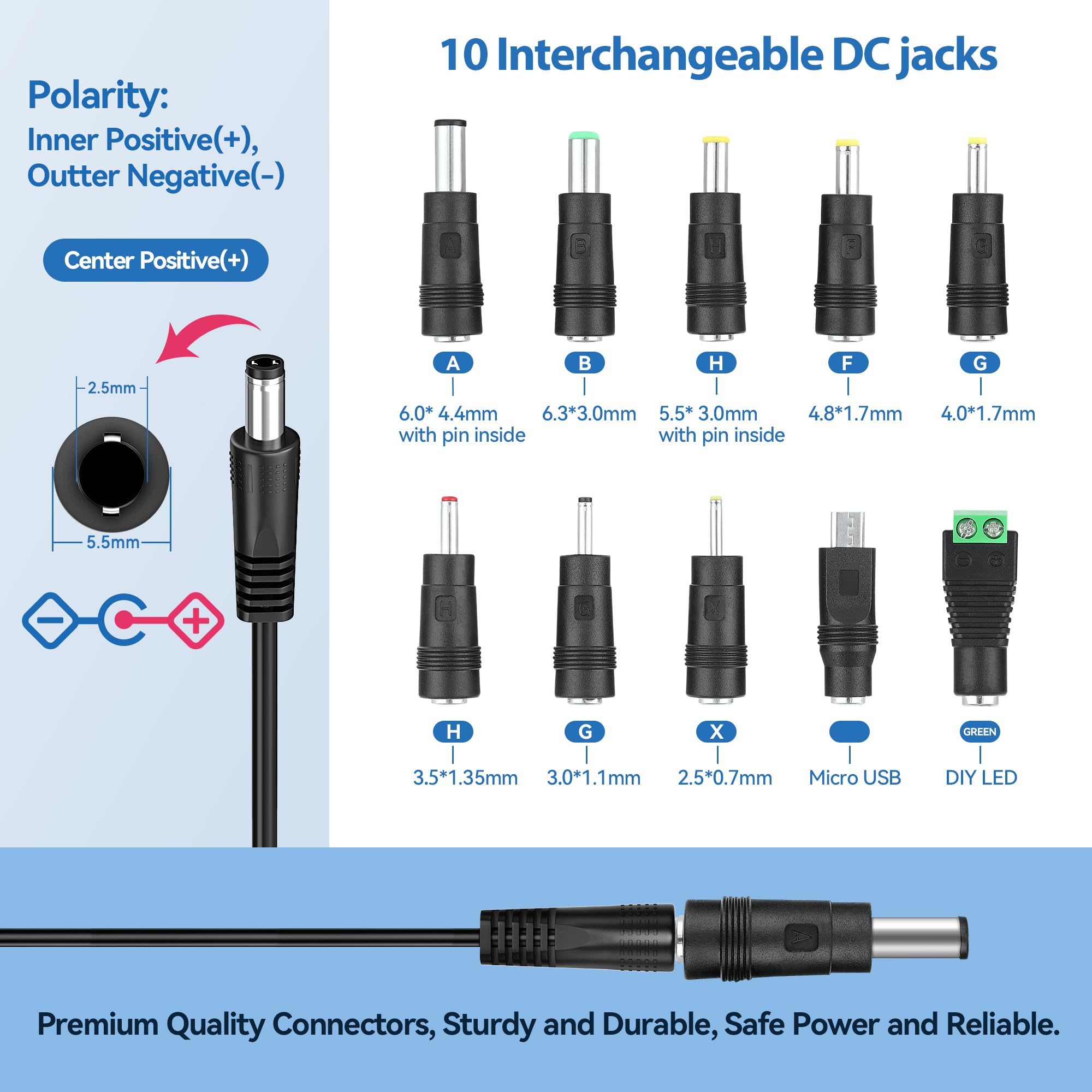 8.4V 1A Power Adapter Li-ion Battery Charger with LED Indicator 2.1x5.5mm Interface Suitable for 7.2V 7.4V 8.4V 2-String Lithium Battery Pack with 10 Interchangeable DC Plug