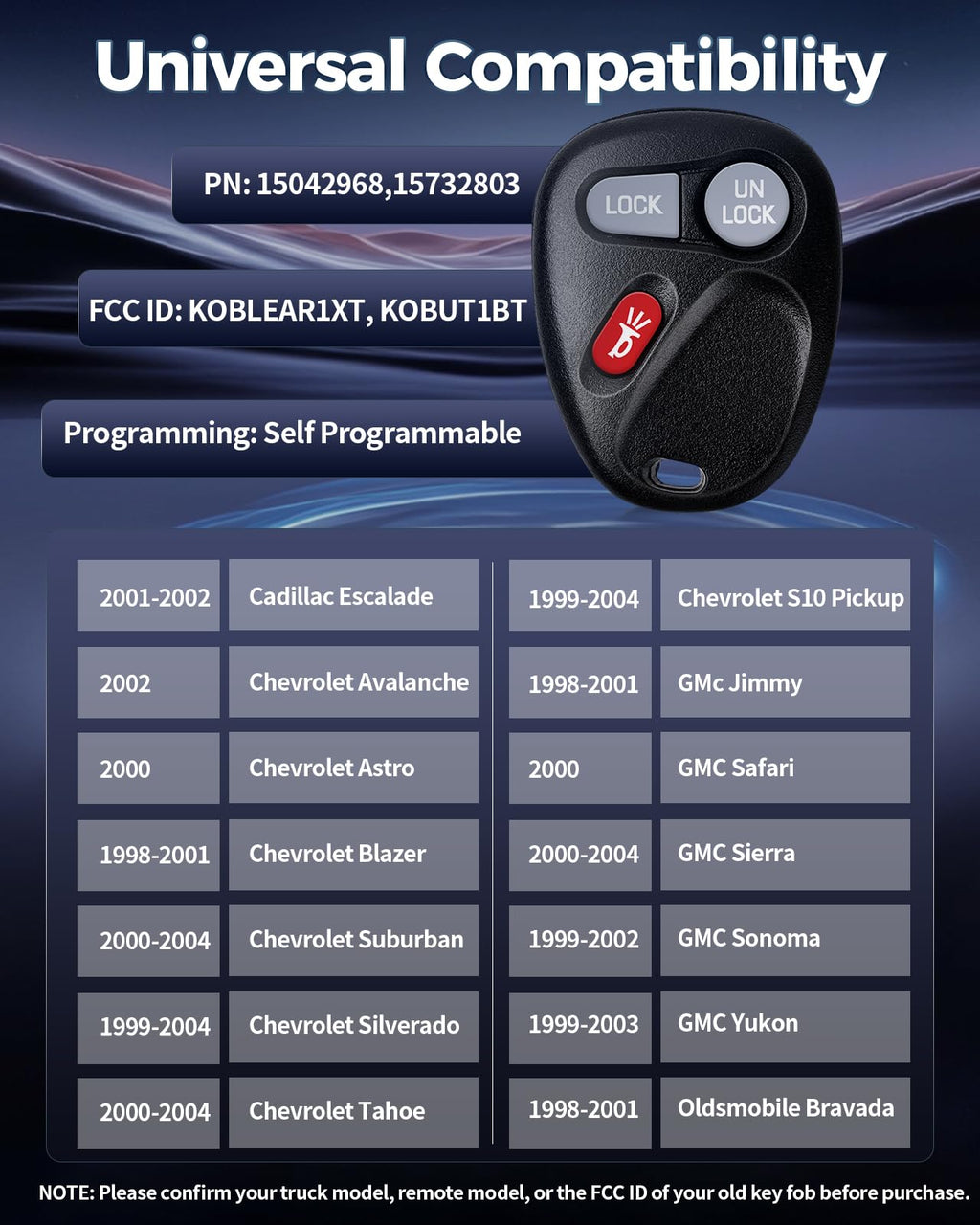 Key Fob Fit for Select 1998 1999 2000 2001 2002 Chevrolet Chevy Silverado Suburba, GMC Sierra Yukon, Cadillac Escalade and Oldsmobile Bravada Trucks, 15042968 1573280 3 Button Keyless Entry Remote