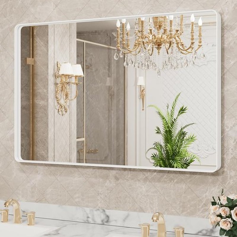 LOAAO White Metal Framed Bathroom Mirror - Large 40x36 Inch Rounded Rectangle | Anti-Rust Tempered Glass