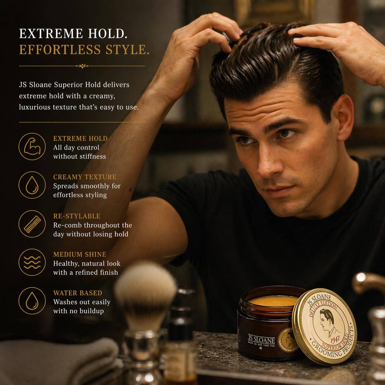 JS Sloane Superior Hold Pomade – Strong Hold Hair Styling Cream, Medium Shine, Water-Based, Reworkable All Day, Ideal for Thick & Coarse Hair – 4 oz