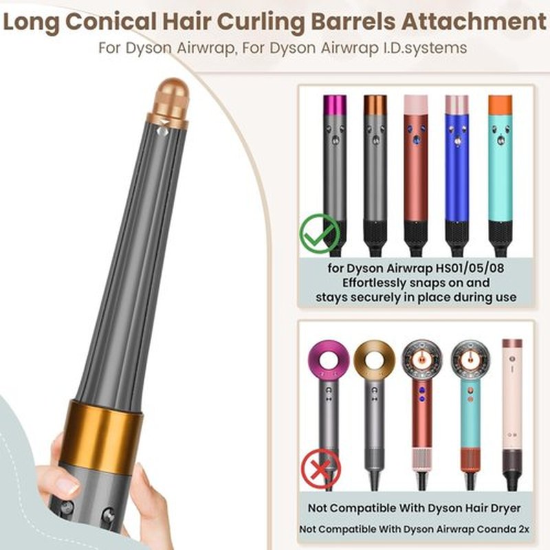 SWAZVAC Long Conical Barrel for Dyson Airwrap, 0.78-1.4 Inch Conical Curling Attachment Compatible with Airwrap HS01/05, Gold