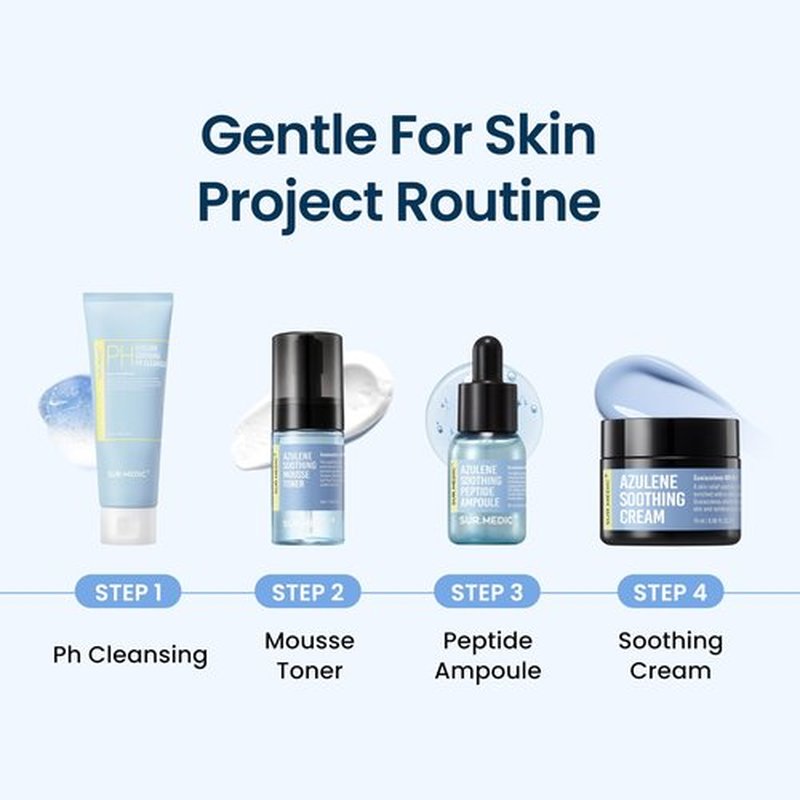 SURMEDIC AZULENE Soothing Trial Kit, Korean Skincare, Airplane-Friendly Travel Size Mini Set, Facitl Kit Gift for Women with Moisturizer, Cleanser, Toner, Ampoule, Cream
