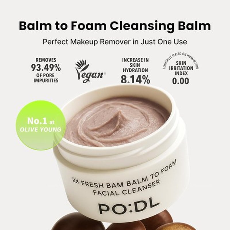 PODL Balm to Foam Cleanser - Deep Cleansing Makeup & Sunscreen Remover | Exfoliating Vegan Skincare | 4.39 fl oz