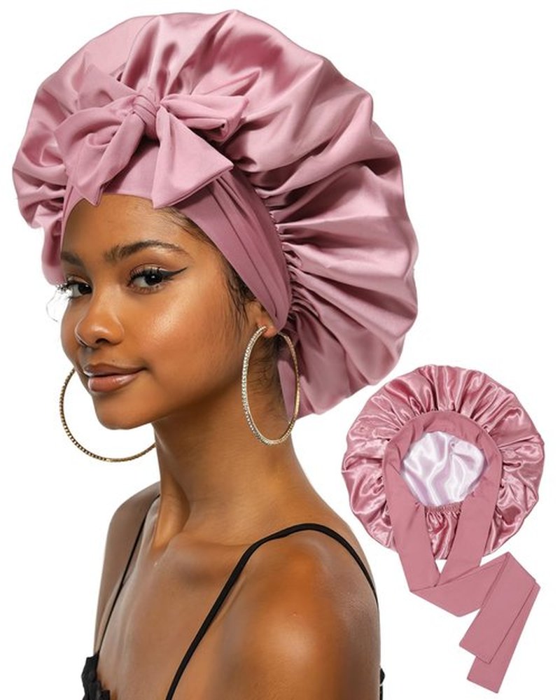 Extra Large Satin Bonnet for Sleeping Jumbo Silk Bonnet Double Layer Hair Bonnet for Women with Elastic Tie Band Sleep Wrap for Braids Curly Hair(Bean Paste + Pink)