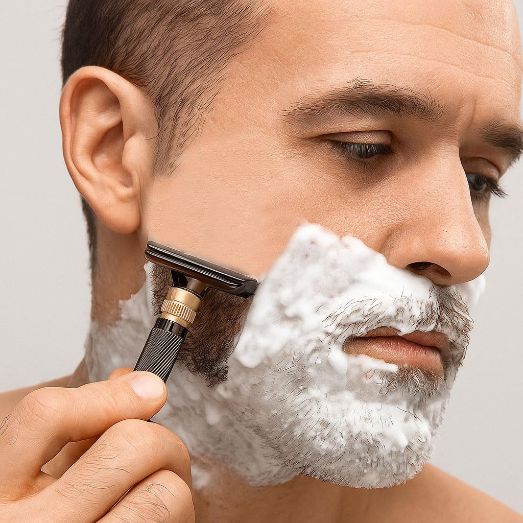 Luxurious and beautifully adjustable double-edged safety razor with 10 platinum-plated stainless steel razor blades, reusable razor kit, eco-friendly, smooth close shave (Glossy Black + Base)