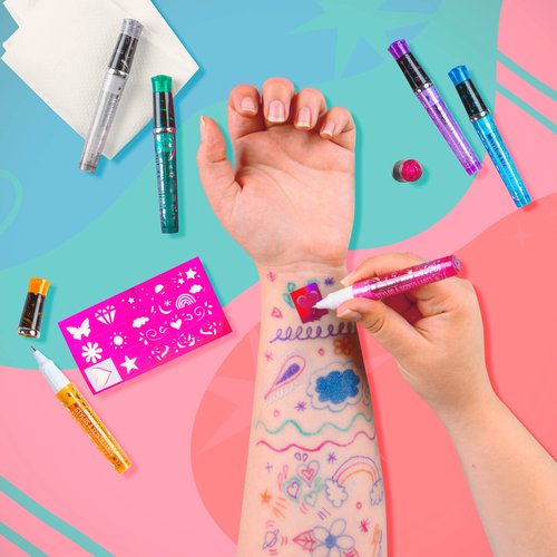 Fashion Angels Sparkle Tats Body Art Set - Temporary Tattoo Pens, Washable & Shimmery Tattoo Body Ink, 6 Tattoo Body Markers Set with Stencil Stickers for Kids 8+, Multi (12674)