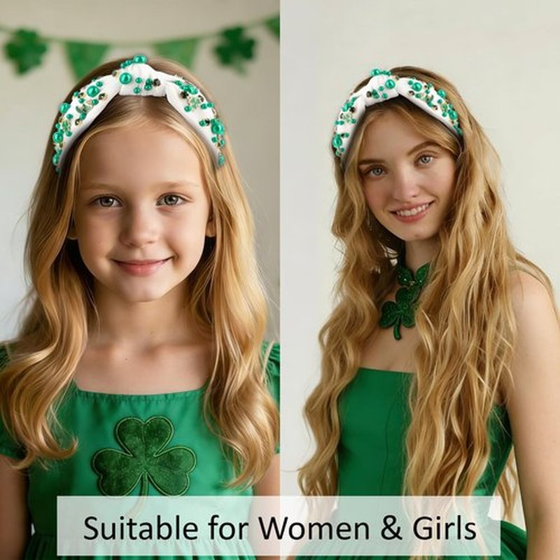 AMCAMI St Patricks Day Headband for Women, Green & White Shamrock Knotted Headband, St Patty's Day Hair Accessories for Women & Girls