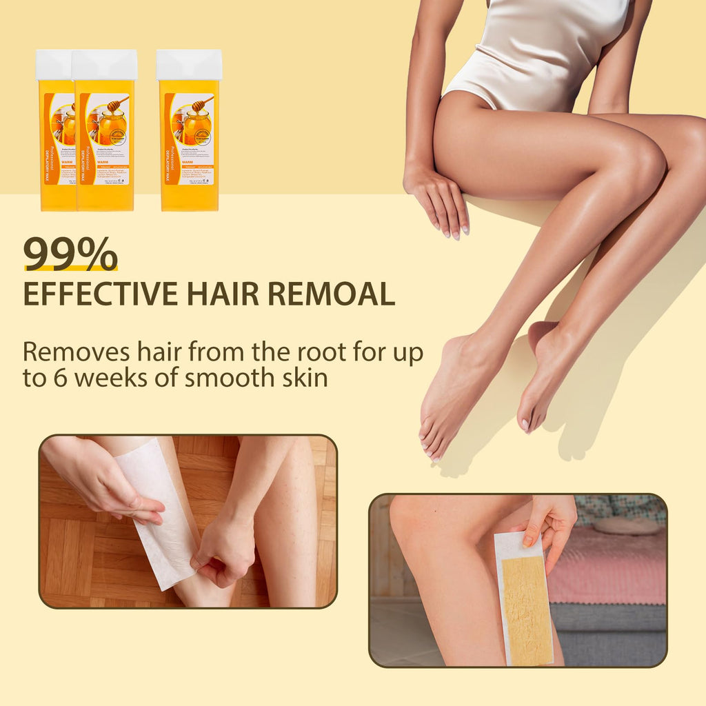 Roll on Wax Refill Kit: 4 Honey Wax Roller Refill & 10 Cleaning Wipes - Hair Removal Cartridge for Body Leg Arm (100g/3.53oz, 4 Pack)