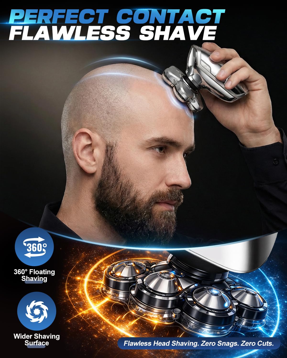 Maraiss Head Shaver for Bald Men, 7D Floating Head Electric Razor, IPX7 Waterproof Wet & Dry Bald Shaver with Magnetic Detachable Blade, Type-C Fast Charging LED Display, Gift for Men Father's Day