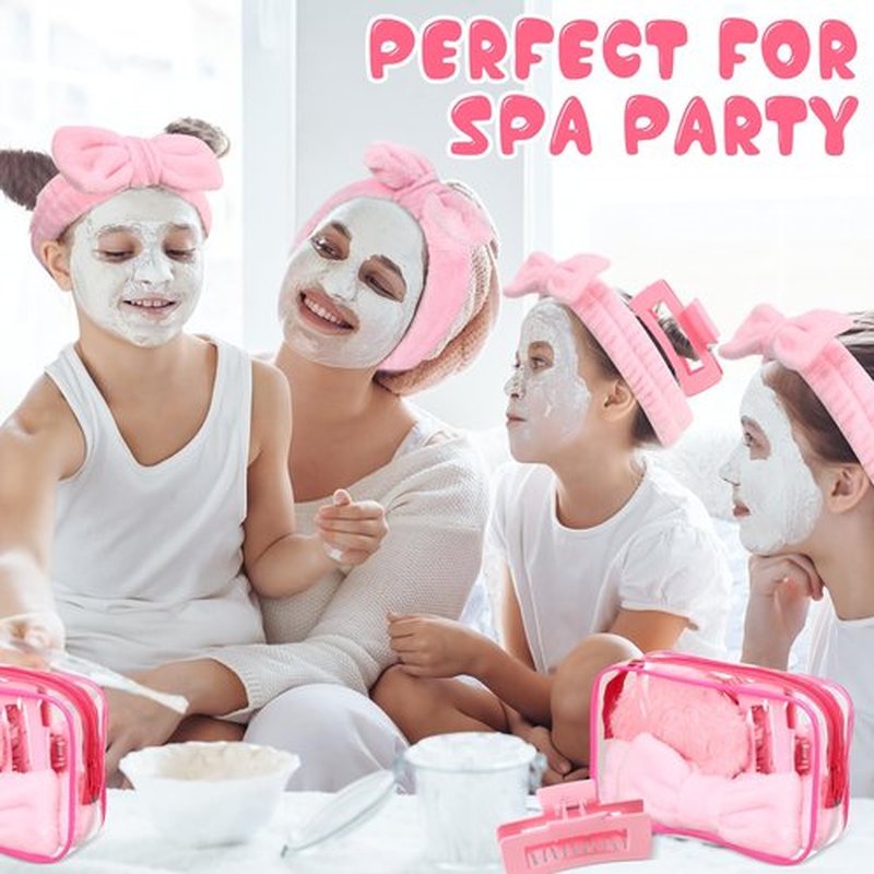 Hoteam 24 Pcs Spa Party Favors Supplies 6 Spa Headband 6 Plush Sleep Eye Mask 6 Hair Claw Clips 6 Clear Cosmetic Bags for Adult Sleepover Slumber Party Graduation Gift(Pink)