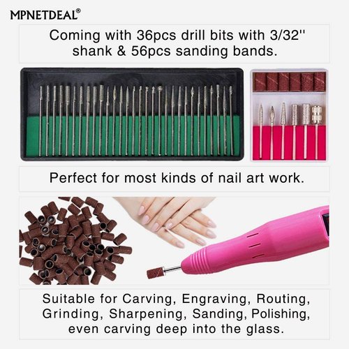 MPNETDEAL Electric Nail Drills Machine e File buffers Sanding Bands Bits for Acrylic Nails Gel Polish Glazing Art Set Polisher Grinder Filer Manicure Pedicure Kit máquina uñas acrilicas Pink