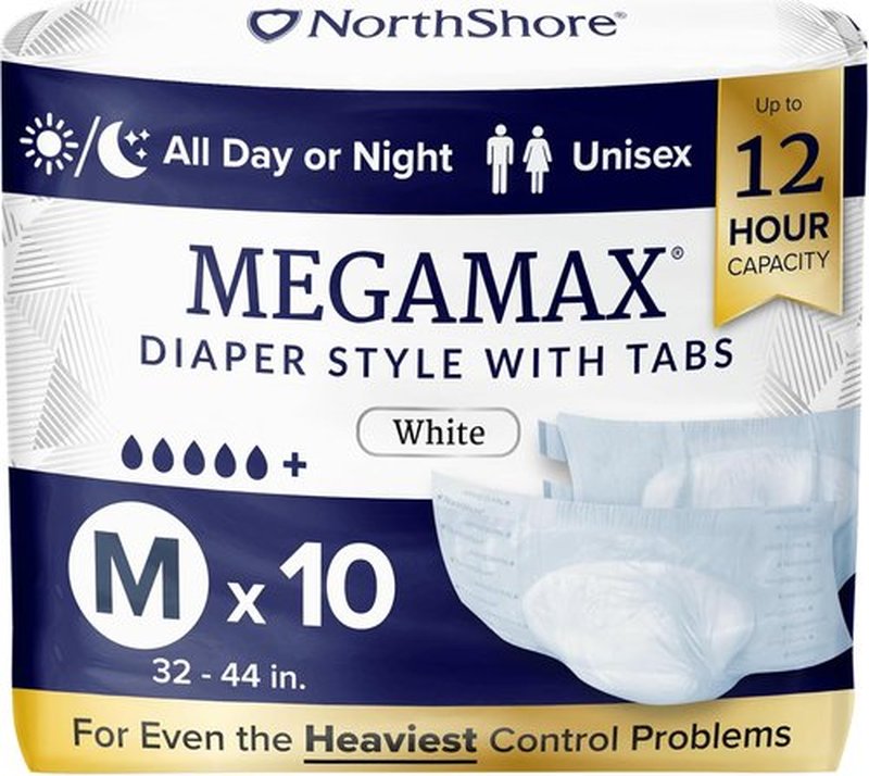 NorthShore MegaMax Adult Diapers - 12-Hour Protection for Heavy Leaks | Medium, 10 Count, White, 32-44 Inches