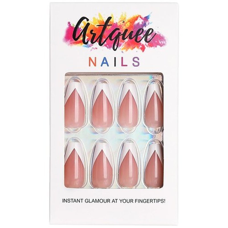 Artquee V French Tip Press on Nails Long Pink White Coffin Fake Nails Tips Glossy Full Cover Acrylic Nail Artificial Nail Art Reusable Stick on Nails Kit for Women - 30 Pcs in 15 Sizes