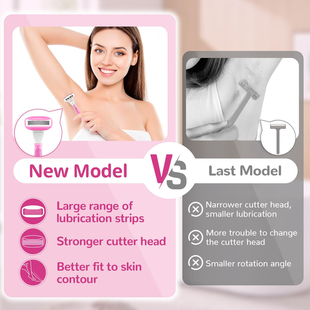 Razors for Women Include 2 Non-Slip Handles and 14 Blade Refills with a Shower Holder, 5 Premium Blades Women's Razors for Shaving with 360° Lubrication Reduces Irritation, Pink