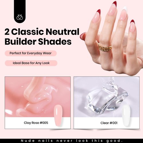 Beetles HEMA-Free Hard Gel for Nails-2 Pcs 1 oz 9 in 1 Clear & Jelly Nude UV & LED Lamp Cured Sculpting Gel for Nail Extension & Nail Repair with Flat Nail Brush High Hardness Nails for Pros Women