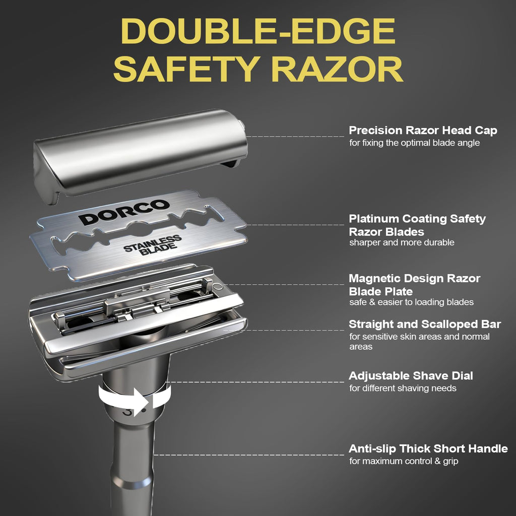 Travel Double Edge Safety Razor, Classic Safety Shaver Razor with Long Handle Adjustable (Razor with Beard Shaping Tool and Hot Compress Shaving Towel)