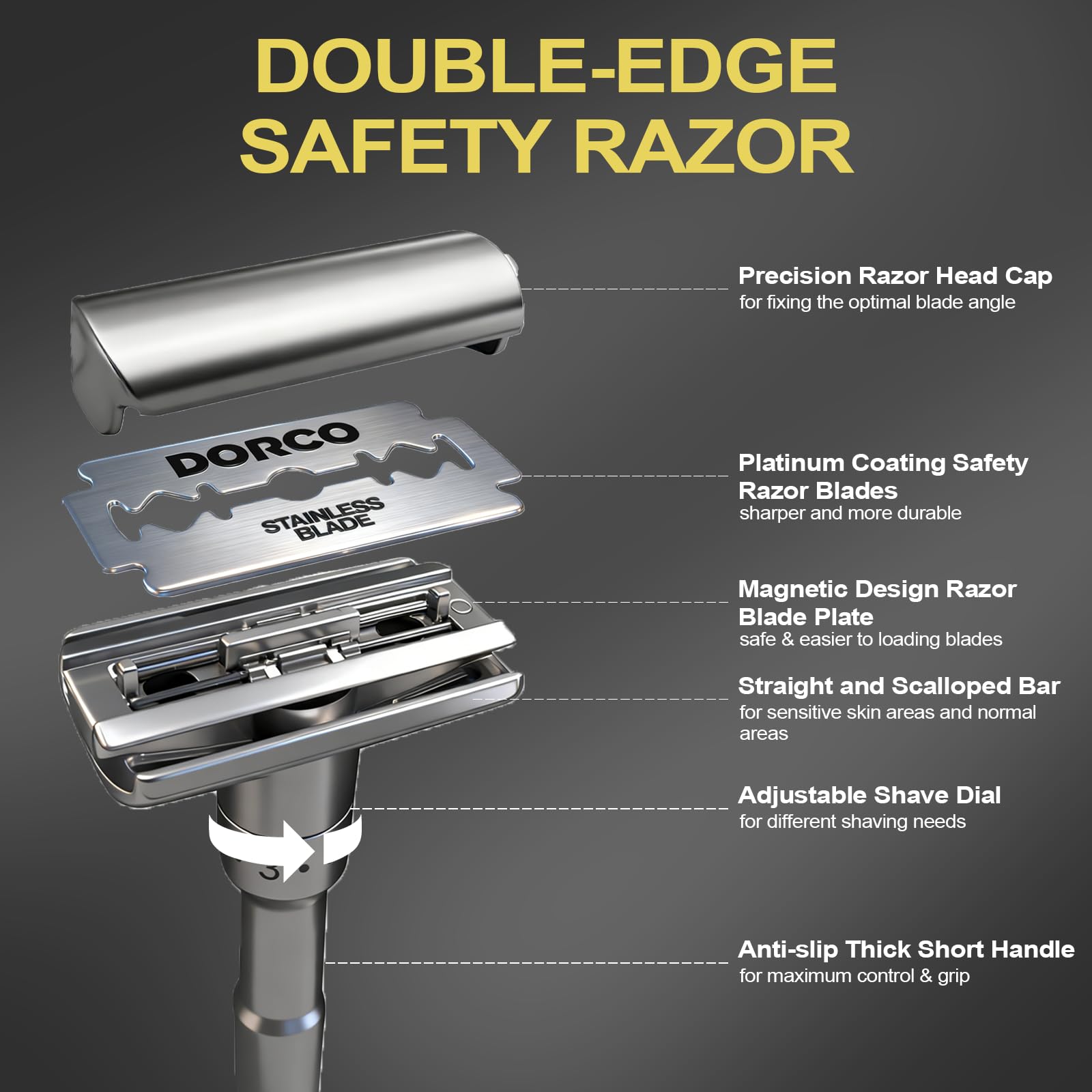 Travel Double Edge Safety Razor, Classic Safety Shaver Razor with Long Handle Adjustable (Razor with Beard Shaping Tool and Hot Compress Shaving Towel)