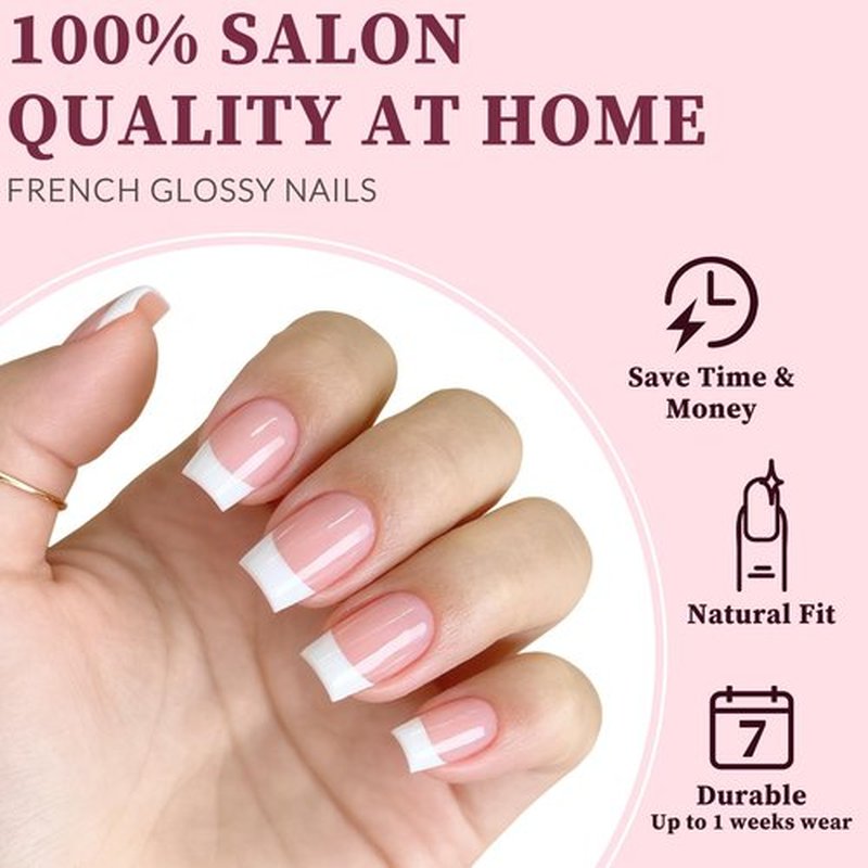 Lifextol 120PC White French Tip Press on Nails Short Fake Nails Press ons with 5*Adhesive Tabs, Pink Square Acrylic Nail Press on Nail French Tip Nails False Artificial Fingernails Stick on Nails-F