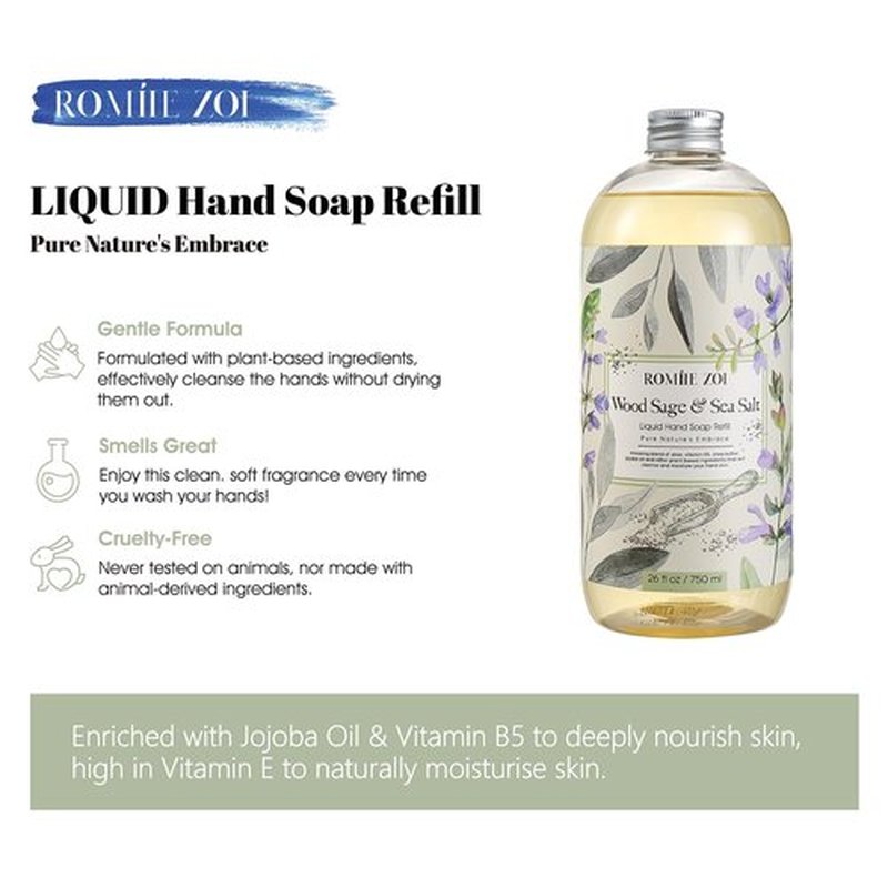 ROMIIE ZOI Liquid Hand Soap Refill, Wood Sage & Sea Salt, Gentle & Moisturizing Formula, 750 ML/ 26 FL OZ