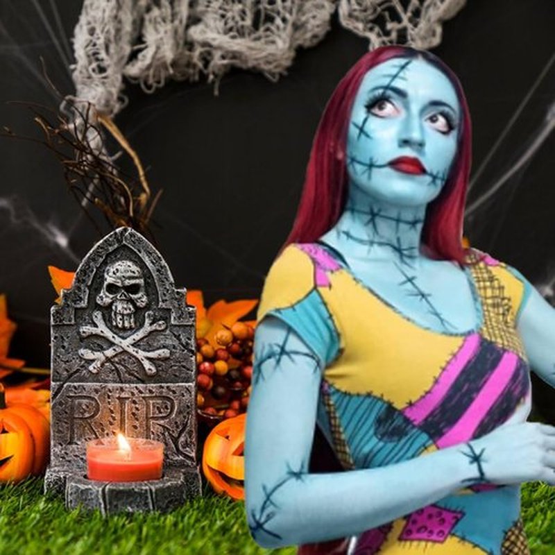 Mysense Sally Makeup Kit,Halloween Sally Costume Corpse Bride Makeup,Sally Face Cosplay Accessories for Women,Light Blue Face Paint+Red Lipstick+Black Liquid Eyeliner+Sponges