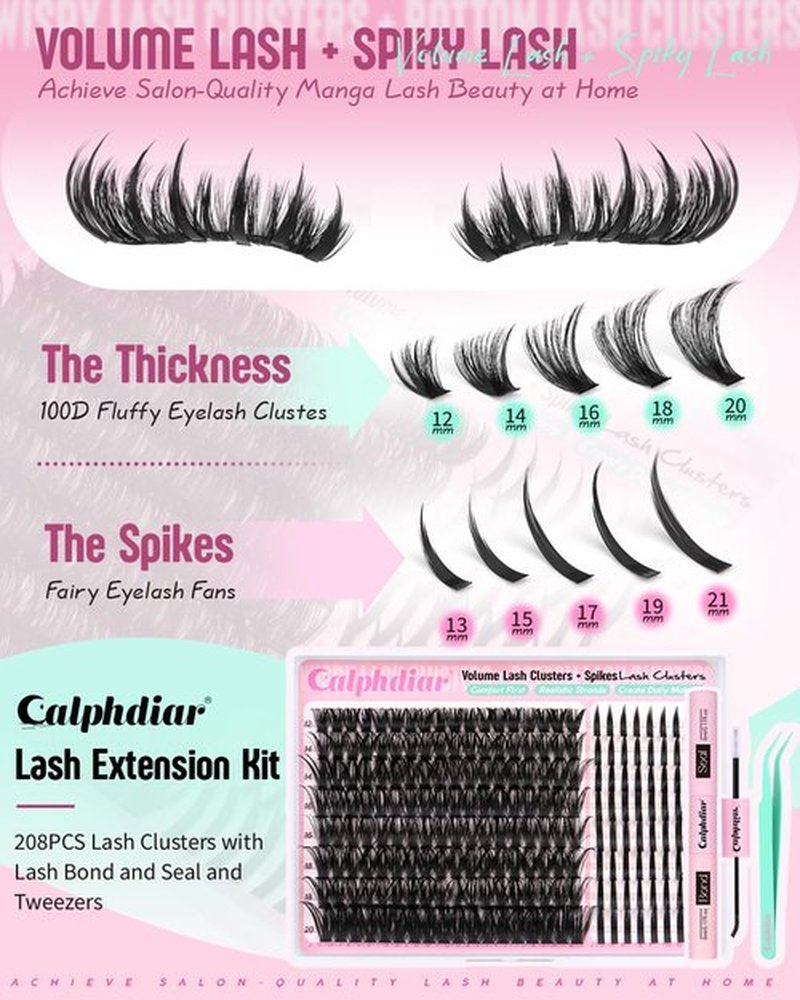 Spikes Eyelash Clusters Volume Lash Clusters Kit DIY Salon-Grade Lash Extensions Spiky Individual Lashes Extension Kit 12-21mm Cluster Eyelash Extensions Kit Manga Lashes Clusters with Bond and Seal