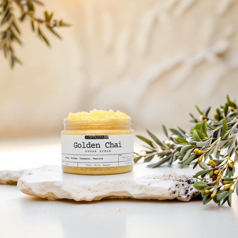 Scrubotany Golden Chai Sugar Scrub – Exfoliating Body Scrub with Honey, Orange, Turmeric, Vanilla – Gentle Exfoliating and Cleansing Impurities, Dead Skin Cells – Suitable for All Skin Types – 12 oz