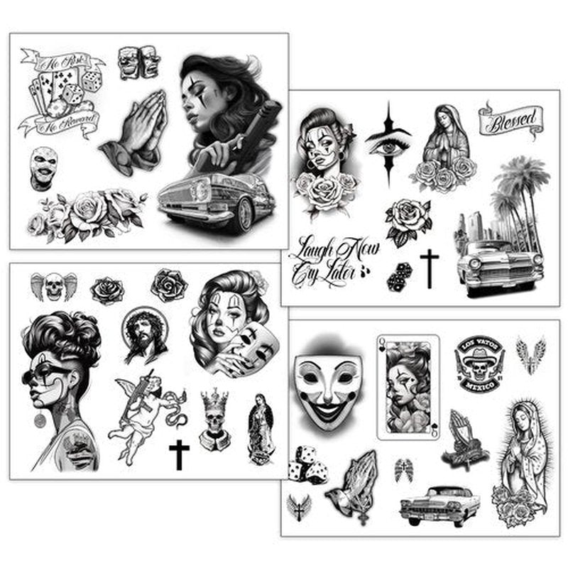 Los Vatos Chicano Vol. II - Cholo Chola Temporary Tattoos For Men Women, Payasa, Lowrider, Virgin Mary, Prayer, Cross, Chicana, Gangster, Fake Tattoo, Día de Muertos, Tatuajes Temporales
