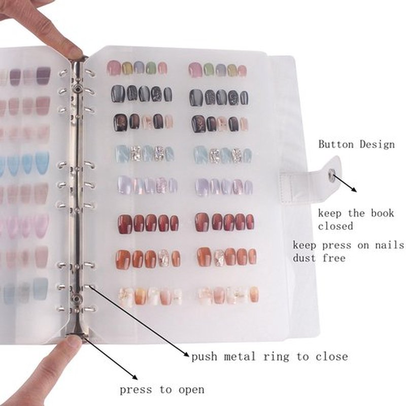 MZCMSL 1pc Press On Nail Organizer, Nail Storage Display Packaging with PU Leather, Included 6pcs Inside Pages and 4 Sheets(120pcs) Adhesive Double Sided Tapes (PVC+PU Leather)