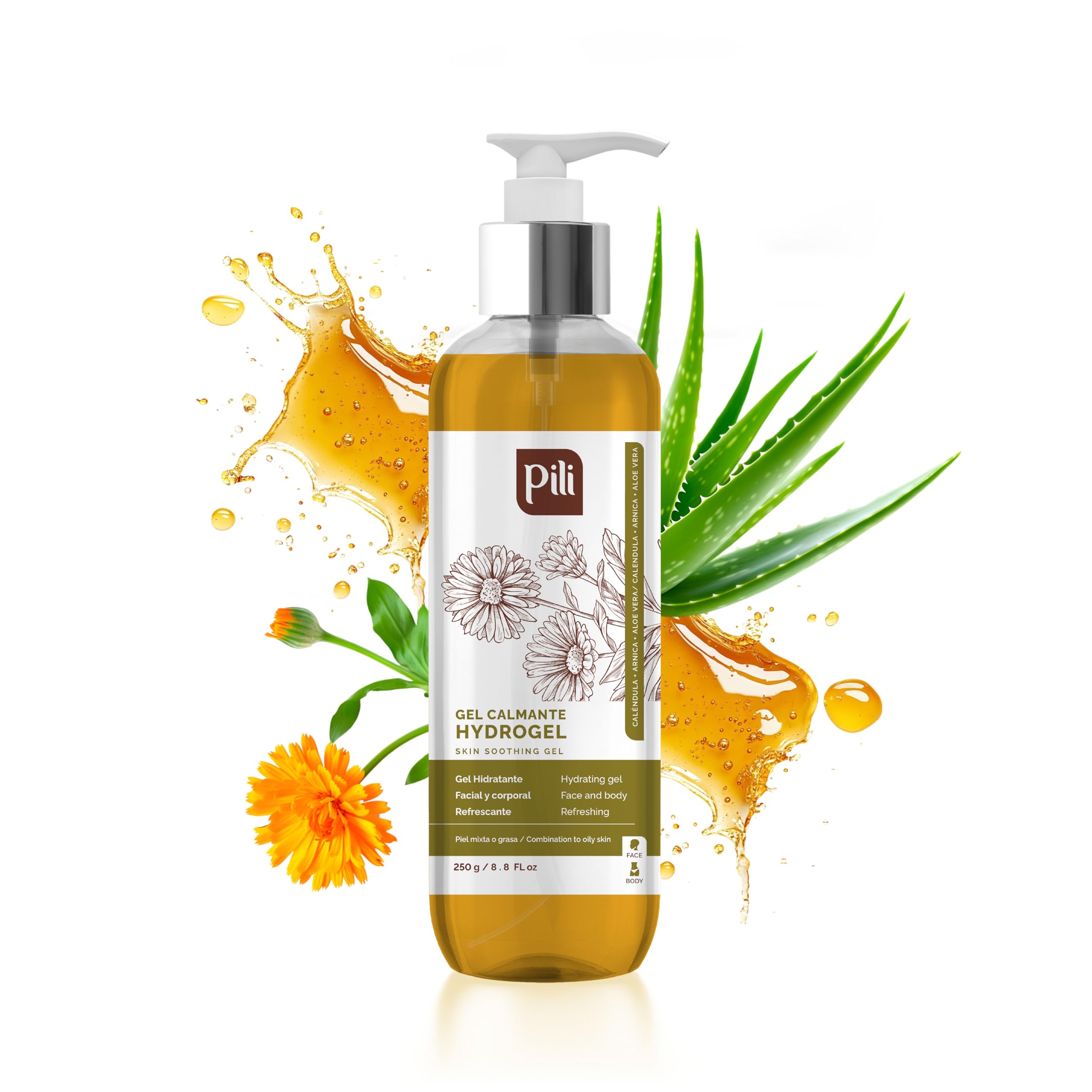 Pili Hydrogel | Face and body Skin Soothing Gel with Arnica, Calendula, Centella Asiatica and Aloe Vera extracts | Multi use calendula gel | Parabens and Alcohol Free | (8.8 Ounce (Pack of 1))
